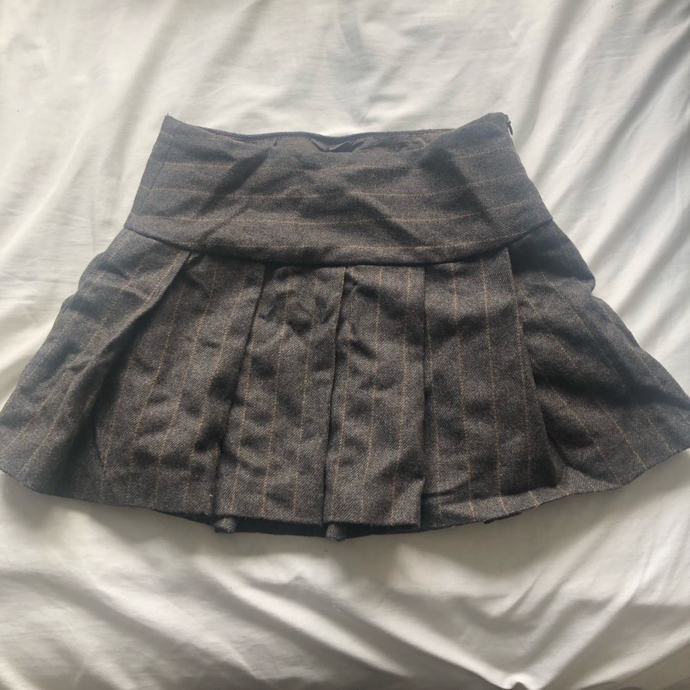 Brown Pleated Wool-Blend Mini Skirt